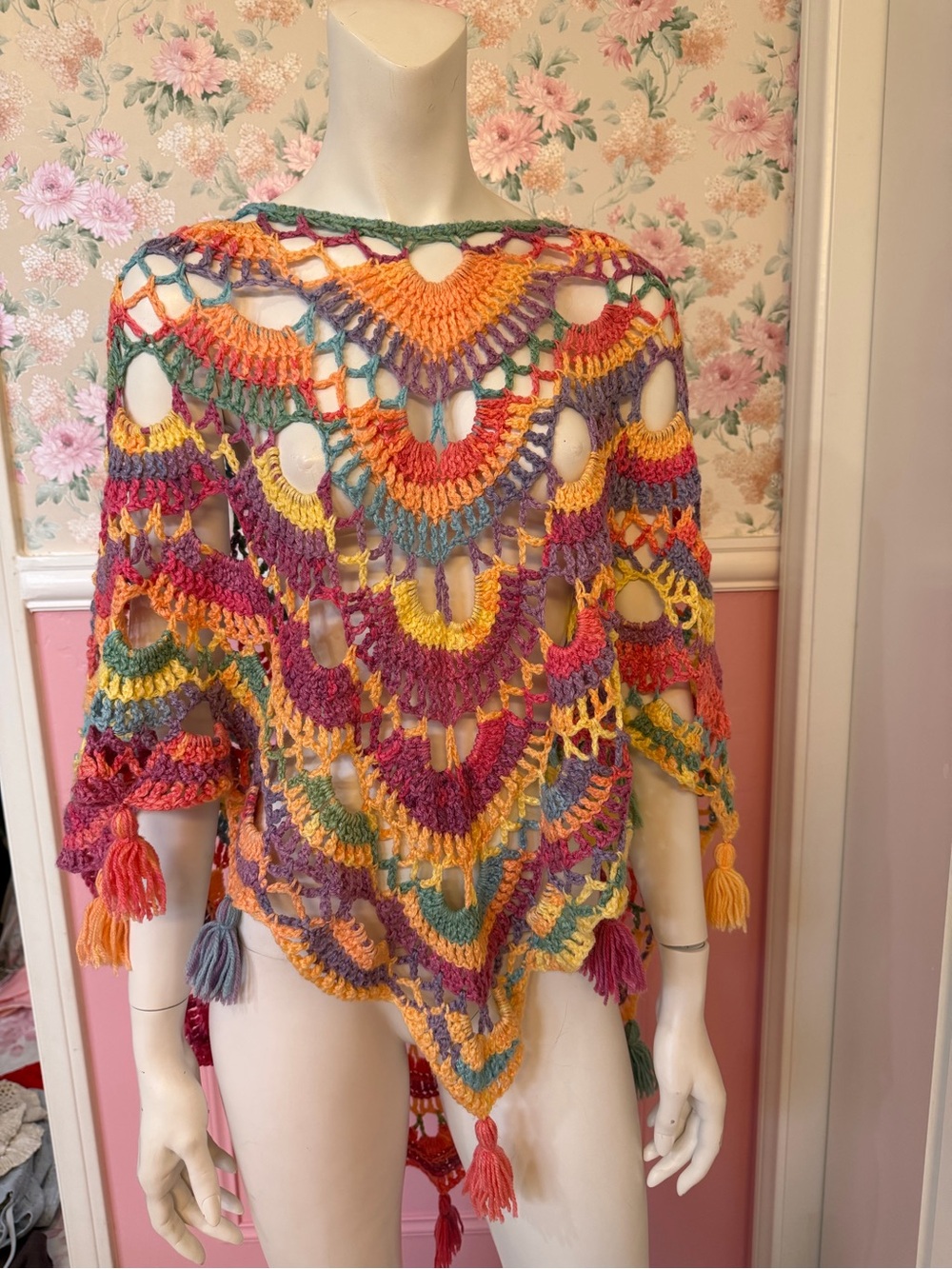 Y2K Multicolor Crochet Open-Knit Sweater Poncho handmade